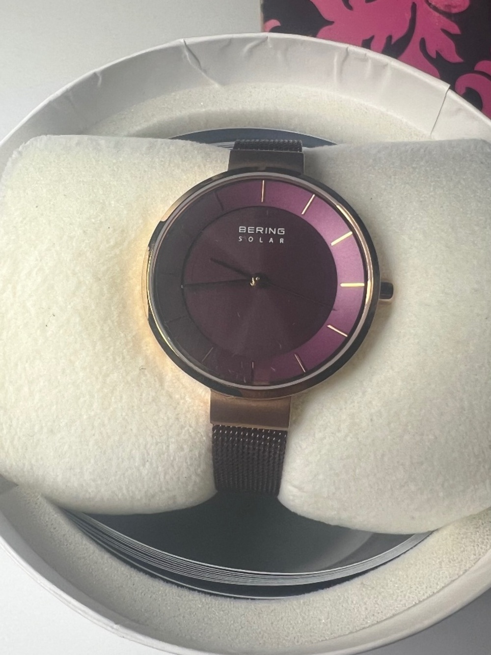 Bering Slim Solar Rose-Gold Case Purple Dial Mesh Band Lady's Watch 14631-969#A2